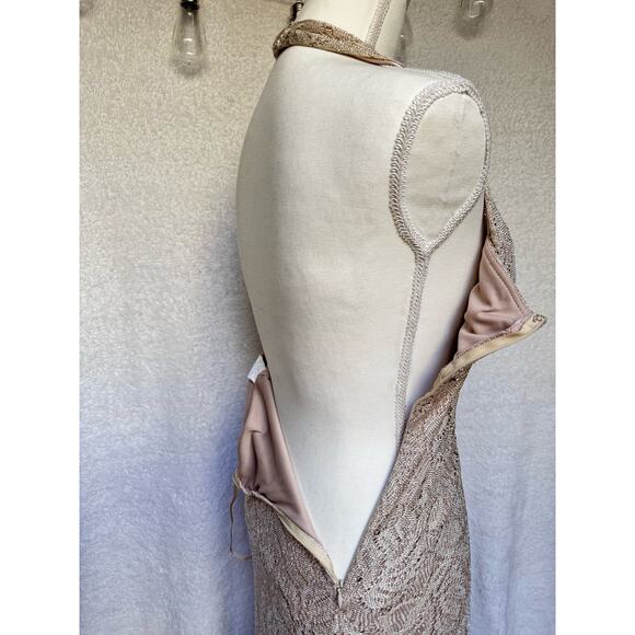 Vintage 90's Cach'e Gold Sparkly Halter Side Ruffle Maxi Dress Women's Small 4 - Picture 12 of 13